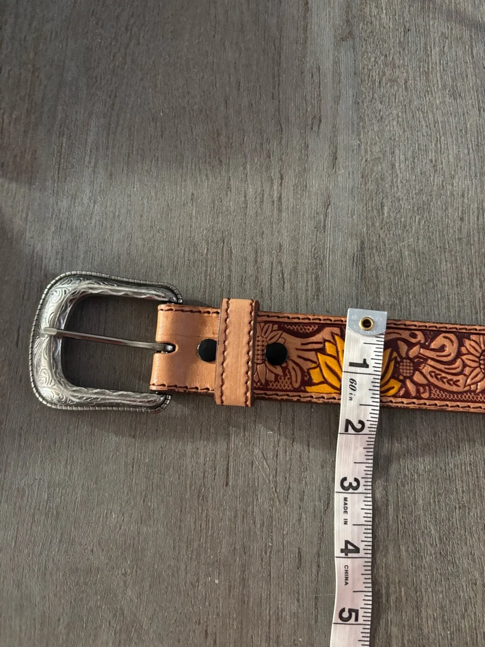 Handmade Mexican Leather Sunflower Embossed Tan Western Belt Silver Tone Buckle
